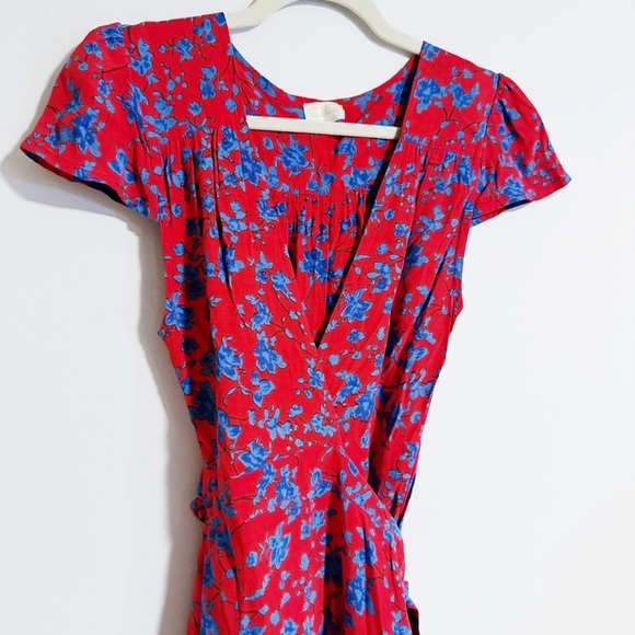 Gillia - Red and Blue Floral Wrap Midi Dress - Picture 3 of 6